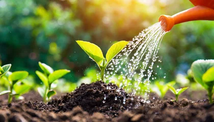 Foto op Canvas Watering young plant in soil with watering can on green nature background © Mariusz Blach