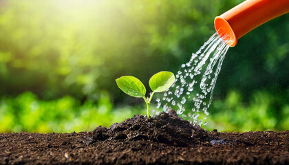 Watering young plant in soil with watering can on green nature background - obrazy, fototapety, plakaty