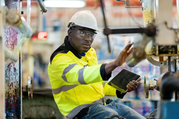 African male engineer is a mechanic Using your hands to repair a circuit system Near machines...
