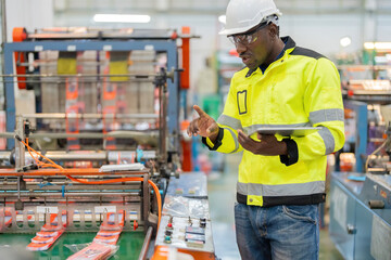African male engineer explaining work and checking machine systems with laptop, wearing a vest and helmet, in the plastic and steel manufacturing industry of a large business company.