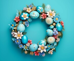 Fototapeta na wymiar Easter decorations in the form of a wreath with eggs and twigs with flowers on a blue background.