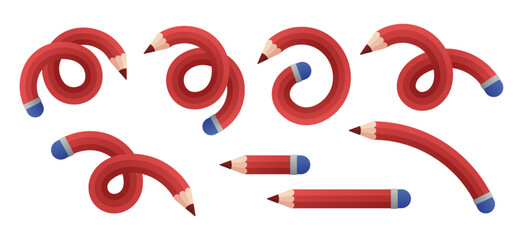 Set of red bended pencils. Vector and PNG on transparent background.
