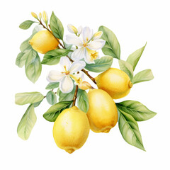 Watercolor lemon branch with fruits and white flowers.