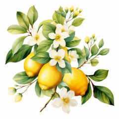 Watercolor lemon branch with fruits and white flowers.