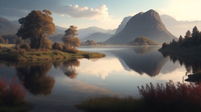 A calm landscape of nature, lakes and reflection in the water.