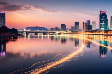 Fototapeta premium The lights reflected in the tranquil flow of the Han River beautifully illuminate the city streets. Generative AI.