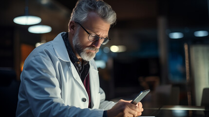 A doctor man in a lab coat looking at a cell phone - obrazy, fototapety, plakaty