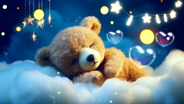 Lullaby For Babies video template looping bear sleep on cloud, relax and nice dream on night 4k quality, looping video animation background for live wallpaper	
