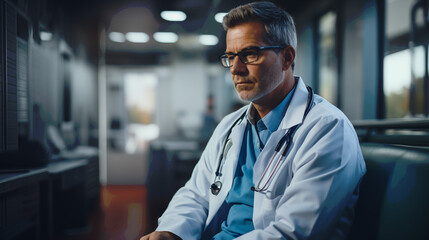 Fototapeta premium A tired man doctor in a doctor's coat sitting in the clinic's corridor 