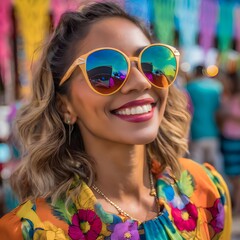 Happy Fair-Haired Woman in Sunglasses Embracing the Colorful Psychedelic Aesthetics of the 1970s in a Captivating Portrait