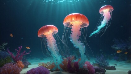 Fototapeta na wymiar Wide angle shot of beautiful luminous jellyfish floating in the mysterious sea. Breathtaking underwater scene.