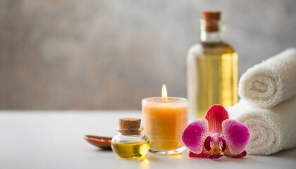 Fototapeta na wymiar Spa still life with orchids, candles and towels on light background, copy space