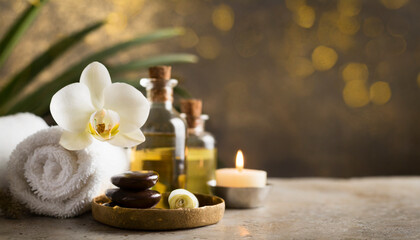 Spa still life with orchids, candles and towels on light background, copy space