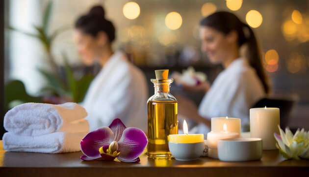 Spa massage setting with candles and orchids in spa salon