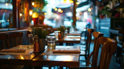 Tables and chairs of a Parisian street cafe in the evening - obrazy, fototapety, plakaty