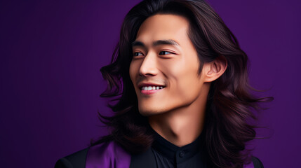 Elegant handsome smiling young Asian man with long hair, on purple background, banner, copy space, portrait.
