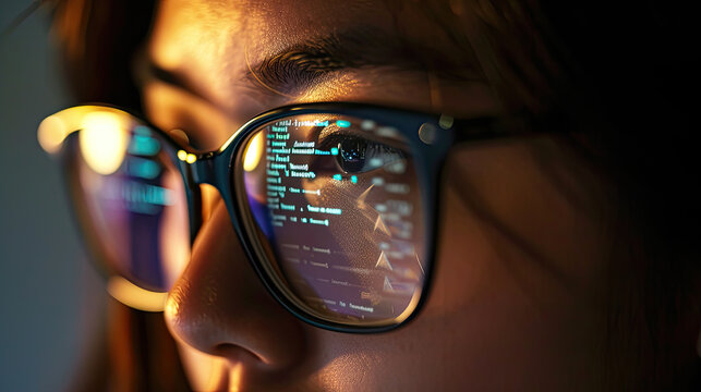 program code is reflected in the glasses of a woman. Generative AI