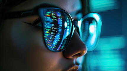 program code is reflected in the glasses of a woman. Generative AI