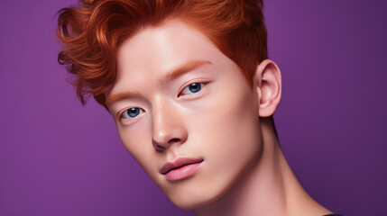 Fototapeta premium Elegant handsome young male Asian guy with short red hair, on purple background, banner, copy space, portrait.