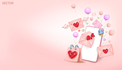 A festive banner. Pink background, calendar, balloons, heart.
 A vector image. A place to copy.