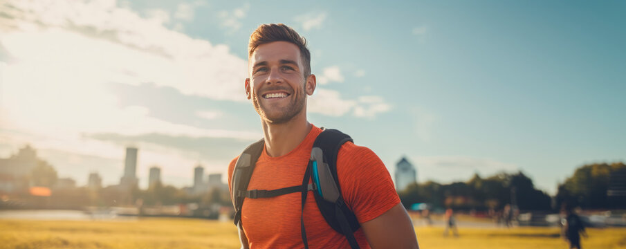 A happy, athletic man with neatly styled hair wearing an orange t-shirt and backpack enjoys a sunny day in a city park with the cityscape behind him. Travel Blog. Outdoor gear. Banner. Copy space