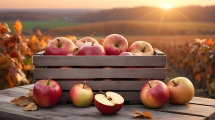 Apples In Wooden Crate On Table At Sunset - Autumn  Concept