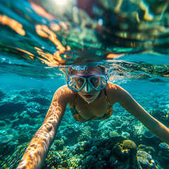 Young woman snorkeling in crystal clear tropical waters during her holiday.