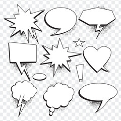 comic speech bubbles. Empty comic speech balloons and elements in retro vintage and pop art style.