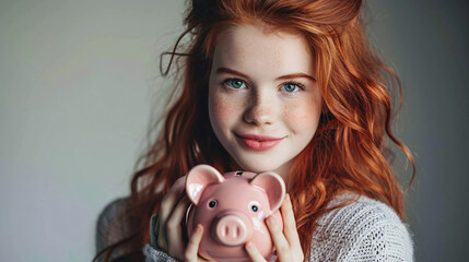 Fototapeta na wymiar Portrait of a red-haired girl with a piggy bank