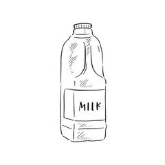 A line drawn illustration of a milk carton. Typography wording 'milk' on label at the front. Digitised illustration in black and white in a sketchy style.