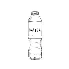A line drawn illustration of a plastic water bottle with the word 'water' on the label. Hand drawn and vectorised for a wide range of uses. Sketchy hand drawn style. 