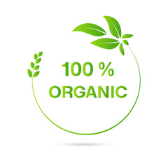 100% organic, natural, eco product, leaf design. Frame, banner, background, icon, eco symbol.