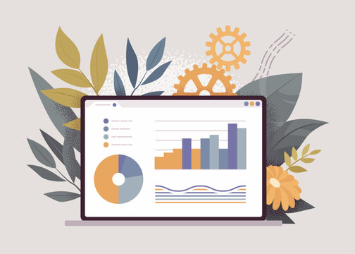 Laptop screen, pie chart statistics representation, financial graphs display. Computer program page presenting data visualization for reporting. Vector illustration, botanical leaf, gear background