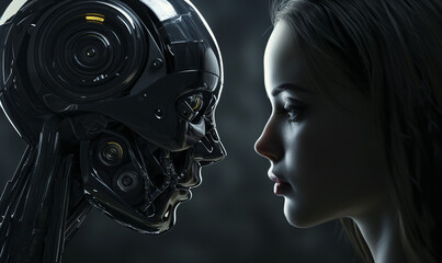 Woman opposite AI. The concept of confrontation between humanity and artificial intelligence
