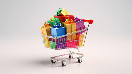 Rainbow colorful gift boxes with ribbons on white background in shopping cart
