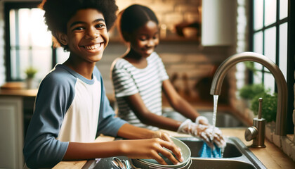 African American Brother washing dishes and sister drying dishes in the kitchen.Children who do chores have higher self-esteem, are more responsible, and are better able to deal with frustration. - obrazy, fototapety, plakaty