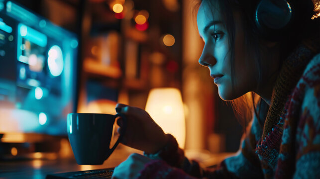 Young woman drinking coffee and working on computer at home in the evening.