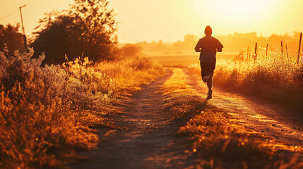 Running man jogging at sunrise in the countryside. Fitness healthy lifestyle concept.