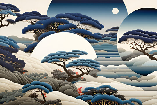 Images using the Taegeuk pattern form a serene landscape, where the rotating circle and crescents harmonize, encapsulating the essence of Eastern aesthetics and profound philosophy. Generative AI.