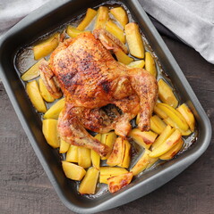 Roasted whole chicken or turkey with potatoes for celebration and holiday. Christmas, thanksgiving, new year's eve dinner