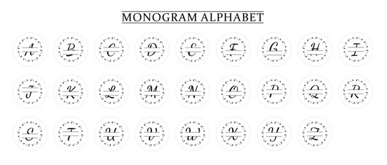 Family Monogram Letter A-Z, Set of Split Alphabet for Monogram. Monogram Alphabet. Vector Illustration for Wedding Invitation. Set of Initials with Decorative Plant Frame and Text Space 