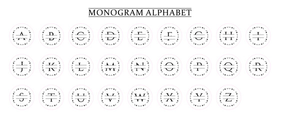 Family Monogram Letter A-Z, Set of Split Alphabet for Monogram. Monogram Alphabet. Vector Illustration for Wedding Invitation. Set of Initials with Decorative Plant Frame and Text Space 