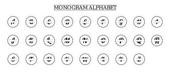 Family Monogram Letter A-Z, Set of Split Alphabet for Monogram. Monogram Alphabet. Vector Illustration for Wedding Invitation. Set of Initials with Decorative Plant Frame and Text Space 