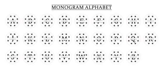 Family Monogram Letter A-Z, Set of Split Alphabet for Monogram. Monogram Alphabet. Vector Illustration for Wedding Invitation. Set of Initials with Decorative Plant Frame and Text Space 