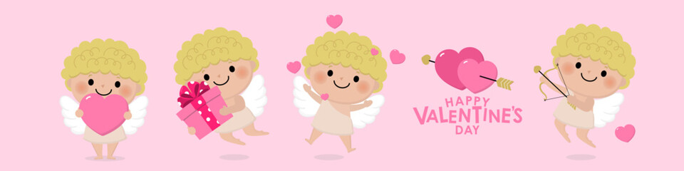 Happy Valentine's Day greeting card with cute cupid character. Love holidays cartoon collection. -Vector
