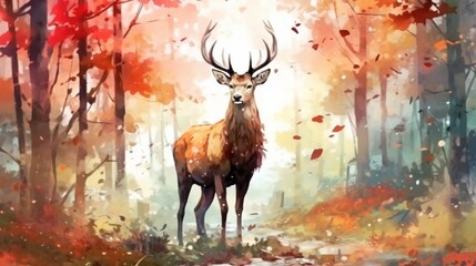 Watercolor deer in the forest.Beautiful illustration.Generative AI
