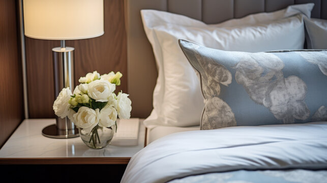 White bedside table near the bed. On the bedside table, there are items of vase with flowers and lamp.