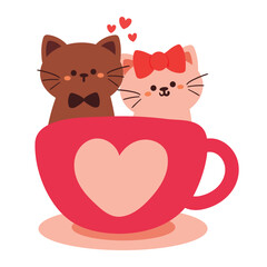 hand drawing cartoon cute cat inside a cup. cute valentine sticker with animal doodle