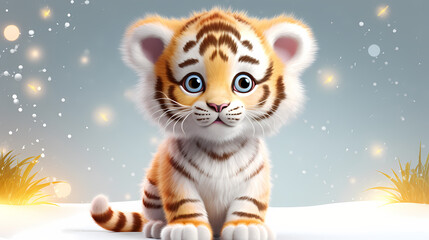 A cute baby tiger on a snow with clean background