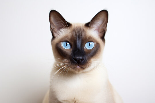 Siamese cat close-up portrait. Adorable feline studio photography.